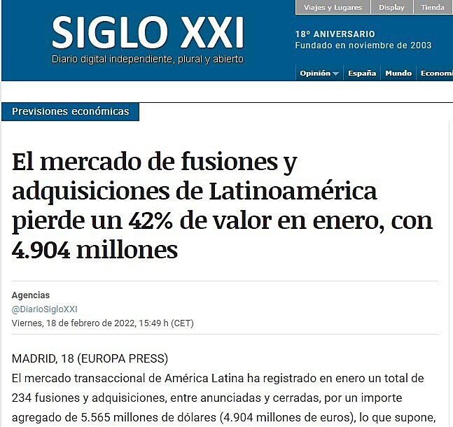 El mercado de fusiones y adquisiciones de Latinoamrica pierde un 42% de valor en enero, con 4.904 millones